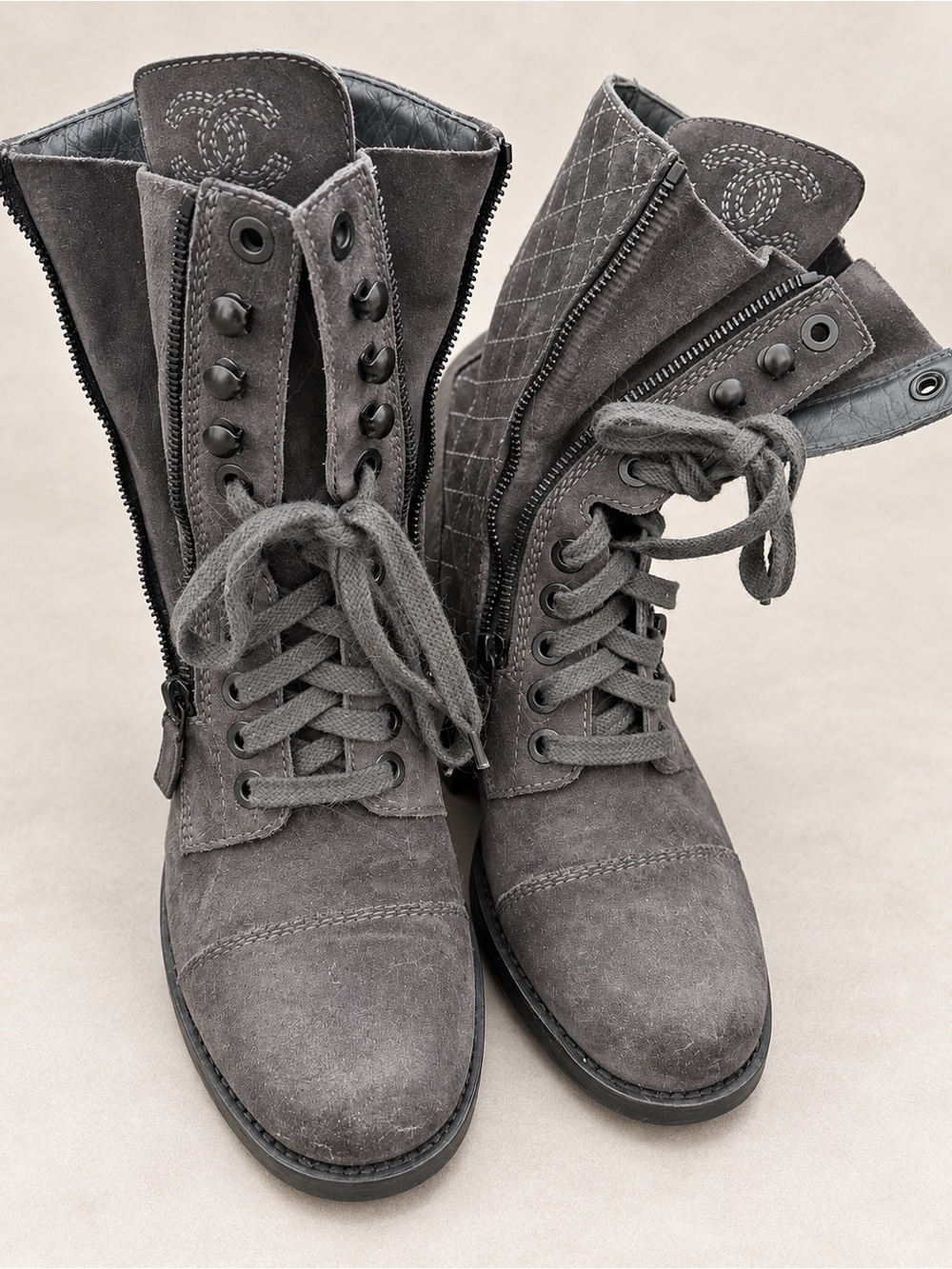 CHANEL Gray Suede Lace-Up Quilted Combat Boots